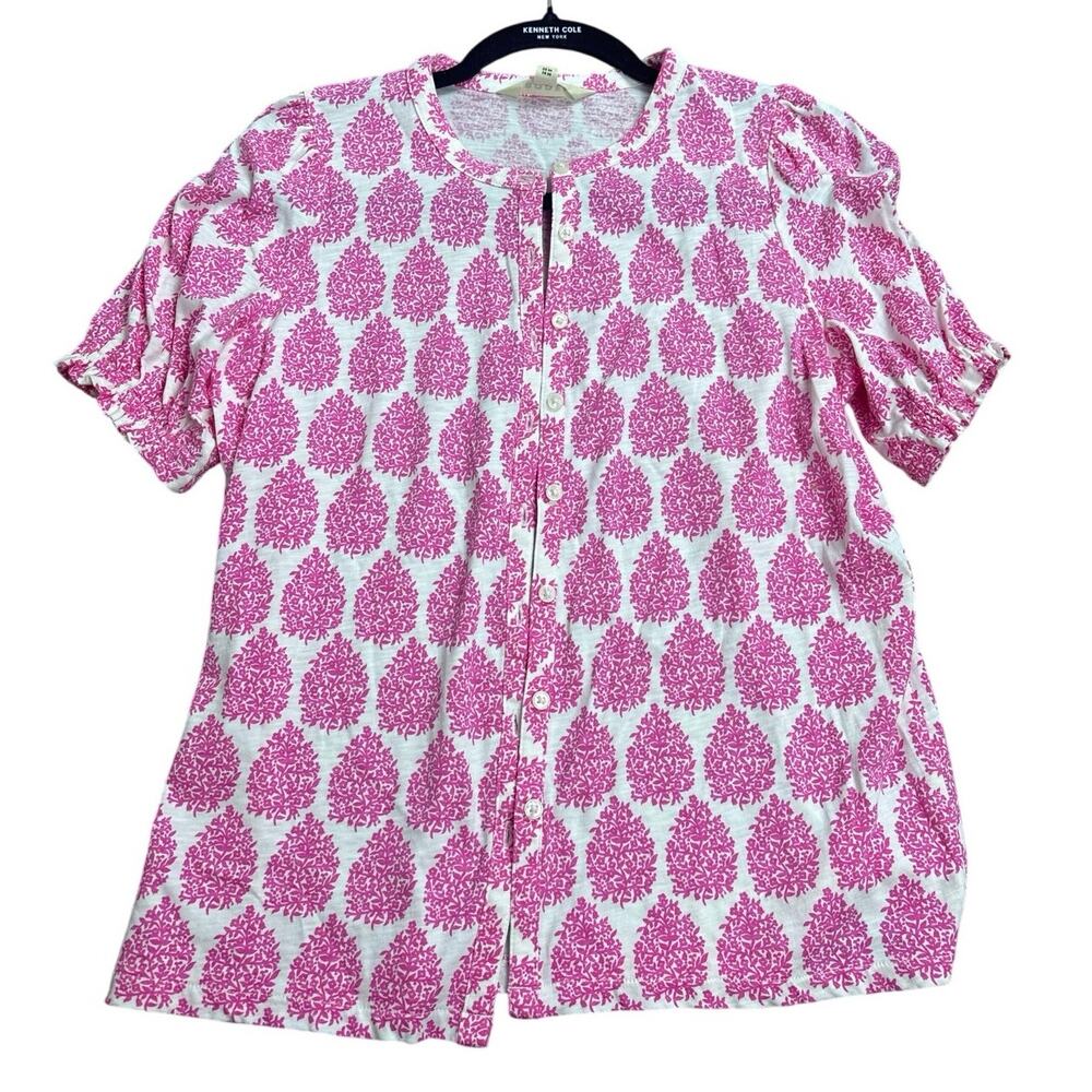 Boden Women’s Size 4 US Pink White Floral Print Puff Sleeve Button Front Top